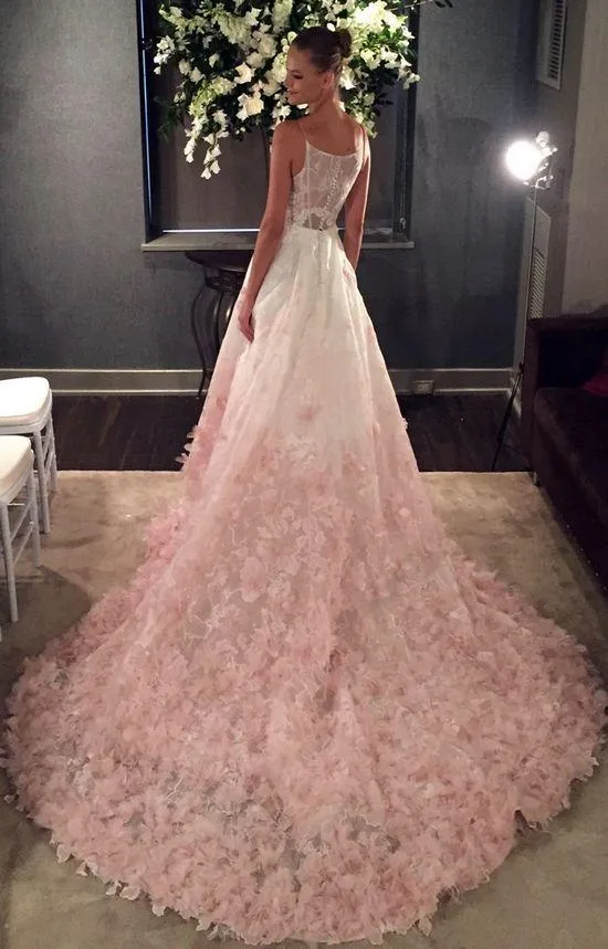 A-Line Spaghetti Straps Ombre Blush Lace Prom Wedding Dresses MP814