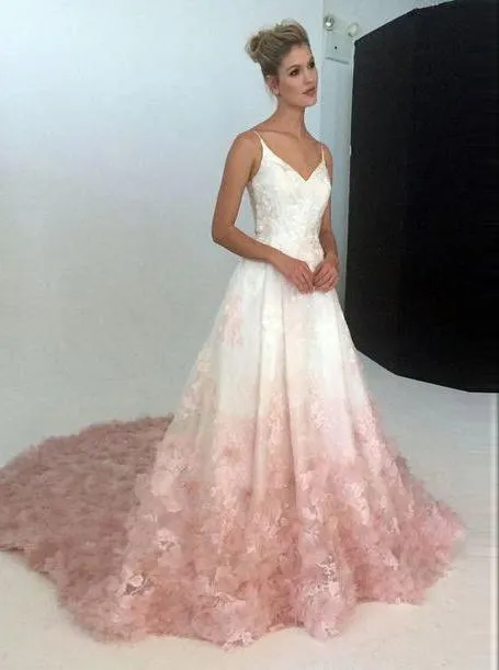 A-Line Spaghetti Straps Ombre Blush Lace Prom Wedding Dresses MP814