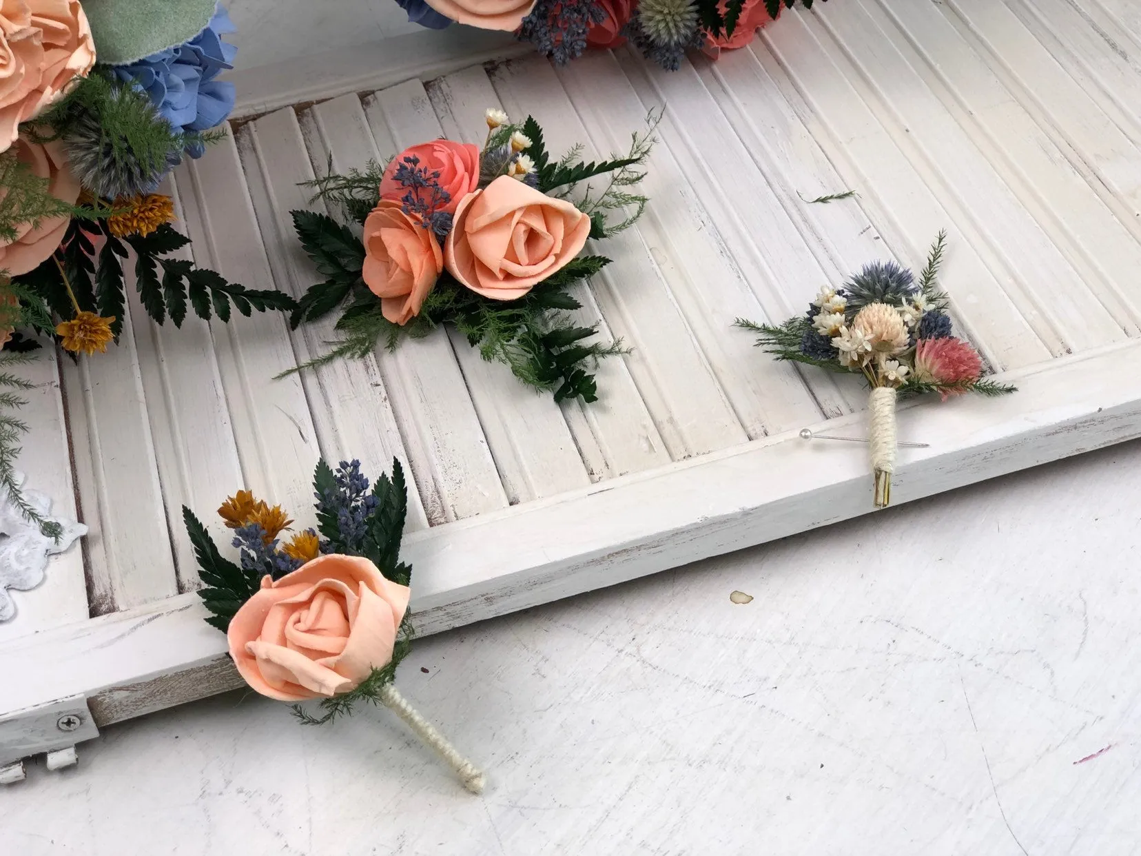 Peaches and Dream Foliage Boutonniere