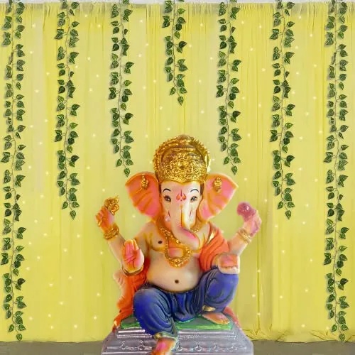Special You Haldi decoration for marriage Tulle Yellow net Curtain Cloth Backdrop Combo with LED lights and Green Leaves for Ganpati, Mehendi,Diwali,Pooja decoration items -8 Pcs