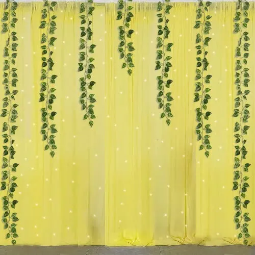 Special You Haldi decoration for marriage Tulle Yellow net Curtain Cloth Backdrop Combo with LED lights and Green Leaves for Ganpati, Mehendi,Diwali,Pooja decoration items -8 Pcs